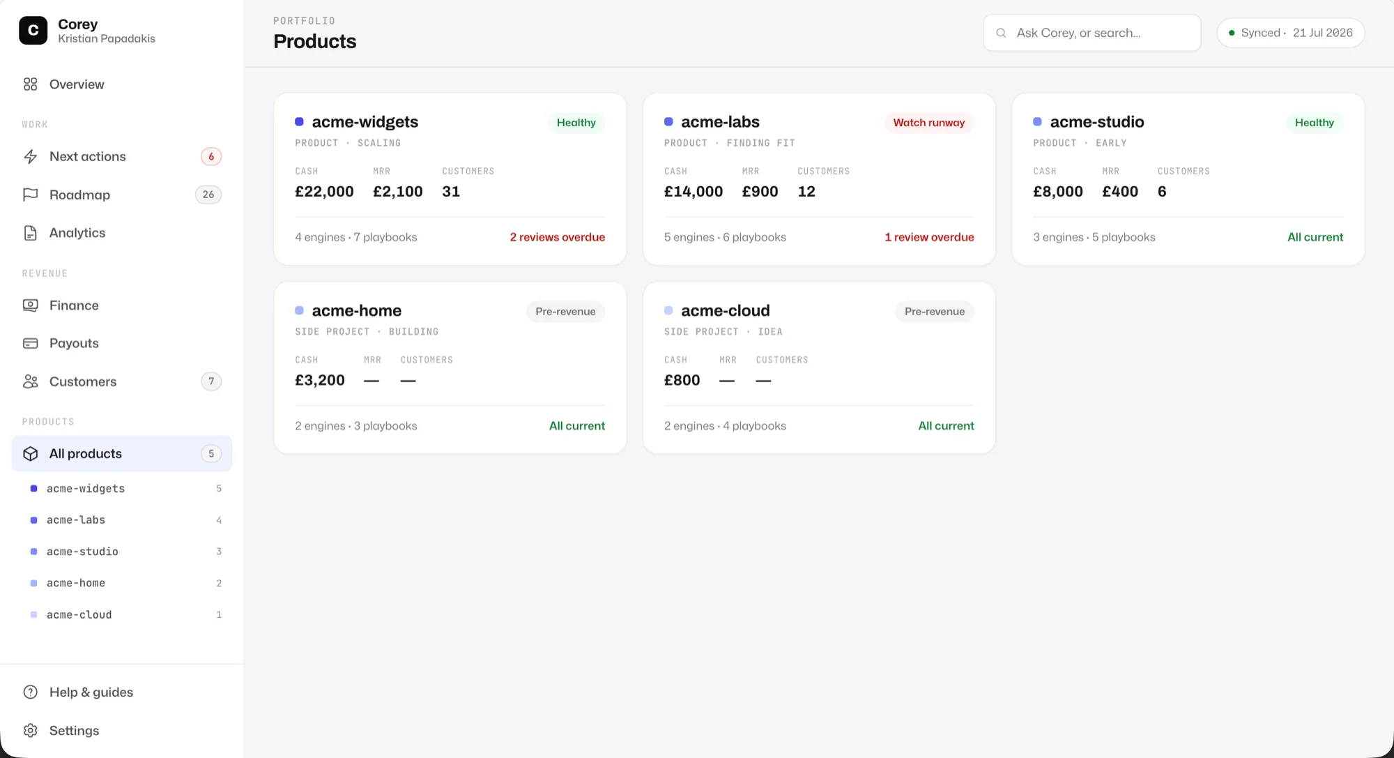 The Command Center Products view: a portfolio of product cards, each with cash, MRR, customers, engines, playbooks and a health status.